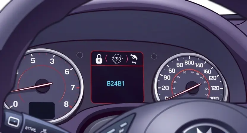A detailed illustration of a car's dashboard with a diagnostic screen displaying an error message 'B24B1'. The dashboard should show various gauges and indicators, and the error message should be clearly visible. The car's interior should be realistically depicted.