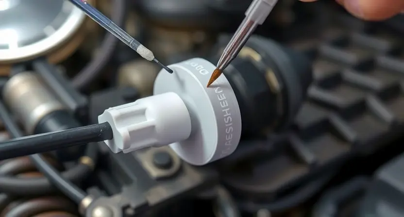 A close-up, detailed illustration of an engine's mass airflow sensor (MAF sensor) being carefully cleaned with a specialized sensor cleaner. The sensor should be clearly visible, showing its electrical connector and sensing element. Tools like a small brush and cleaning swabs are present. The background is a blurred automotive repair shop environment. Focus on the precision and care involved in the cleaning process.