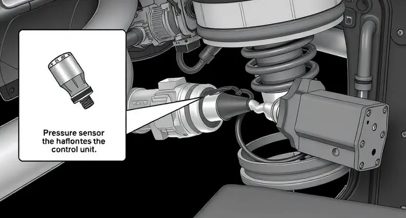 A detailed illustration of a vehicle's air suspension system, highlighting the pressure sensor and its connection to the control unit. Focus on the sensor's physical appearance and its placement within the suspension components. Include clear visual cues indicating a potential malfunction or disconnection.