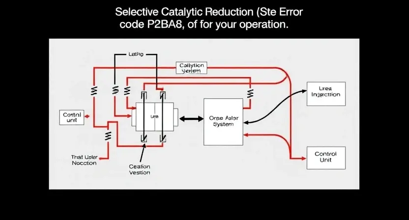 A detailed schematic diagram of a Selective Catalytic Reduction (SCR) system, highlighting the P2BA8 error code and its potential impact on the system's operation. Include visual representations of key components like the catalyst, urea injection system, and control unit. The diagram should be clean, professional, and informative, with clear labels and annotations.
