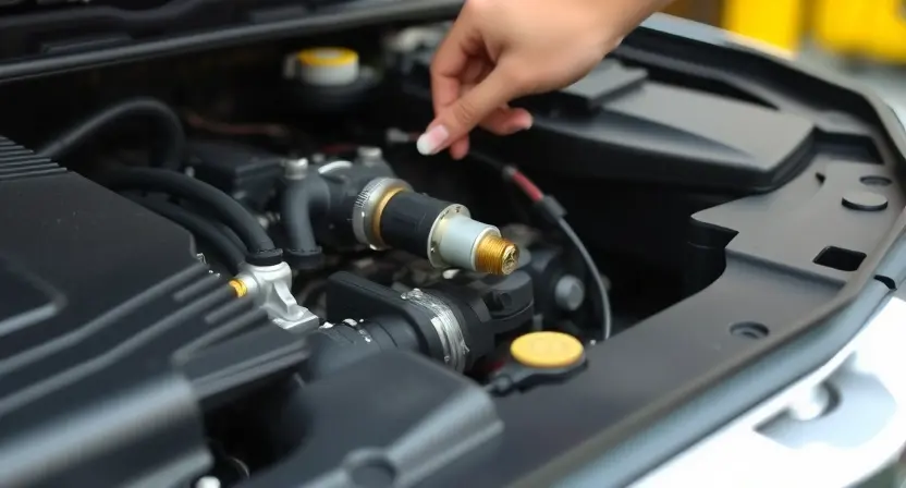 A close-up of a car engine bay with a mechanic inspecting the engine. Focus on the engine coolant temperature sensor and related components. The engine should appear clean and well-maintained.