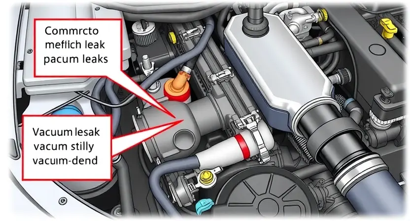 A detailed illustration of a car engine bay with various components visible, highlighting potential air intake leaks. Focus on hoses, clamps, and connections. Include visual cues suggesting a vacuum leak, such as a slightly discolored or damp area.