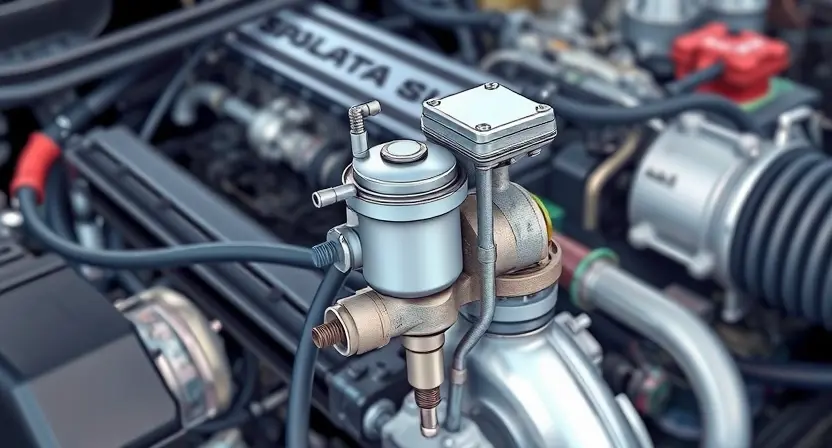 A detailed illustration of a car engine bay, focusing on the wastegate solenoid. The solenoid should be clearly visible, with wires and hoses connected. The background should be slightly blurred to emphasize the solenoid. The overall lighting should be realistic, highlighting the components.