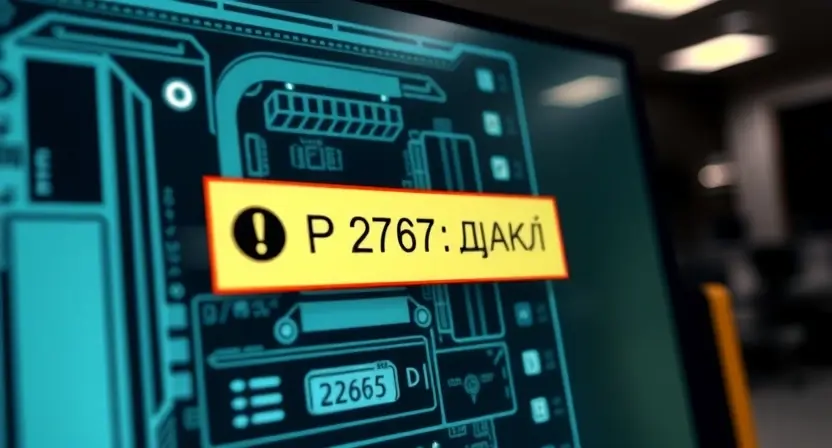 A close-up illustration of a computer screen displaying an error message "P2767: Ошибка". The screen should show a simplified representation of a computer motherboard with a highlighted error code. The background should be a dark, blurred office environment.