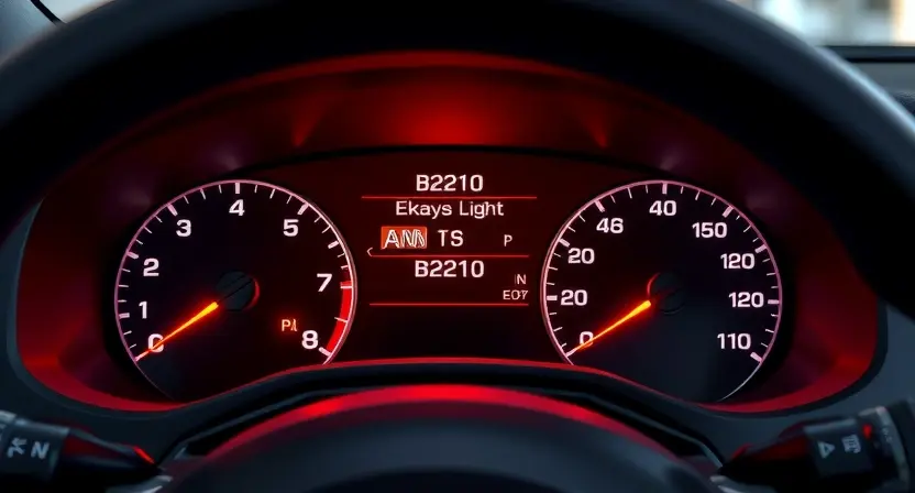 A detailed illustration of a modern car's dashboard with the B2210 error code displayed on the instrument cluster. The image should show various warning lights and indicators illuminated, including the check engine light. The car's interior should be clean and well-lit, with a focus on the dashboard and its components. The image should convey a sense of urgency and the need for immediate attention to the error.