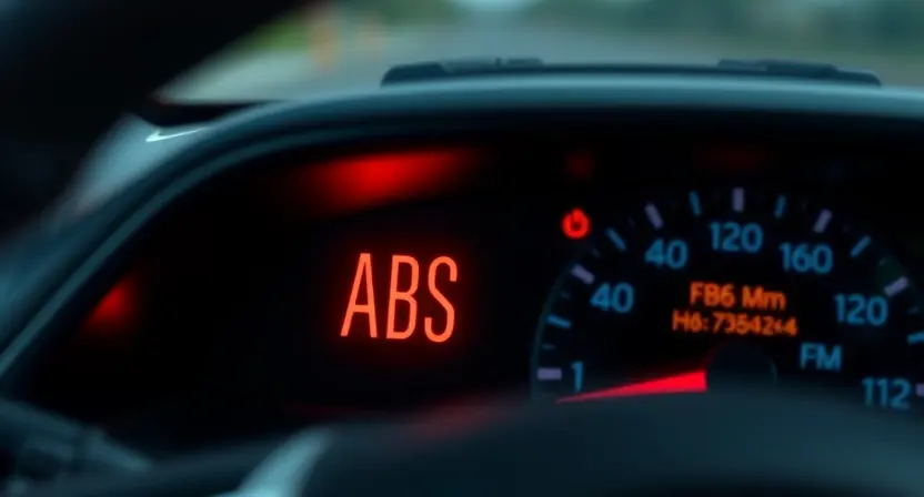 A detailed illustration of a car's dashboard with the ABS warning light illuminated. Focus on the warning light itself, highlighting its color (usually red or amber) and position. The background should show a slightly blurred view of the car's interior, suggesting a modern vehicle. The overall image should convey a sense of concern and potential mechanical issue.