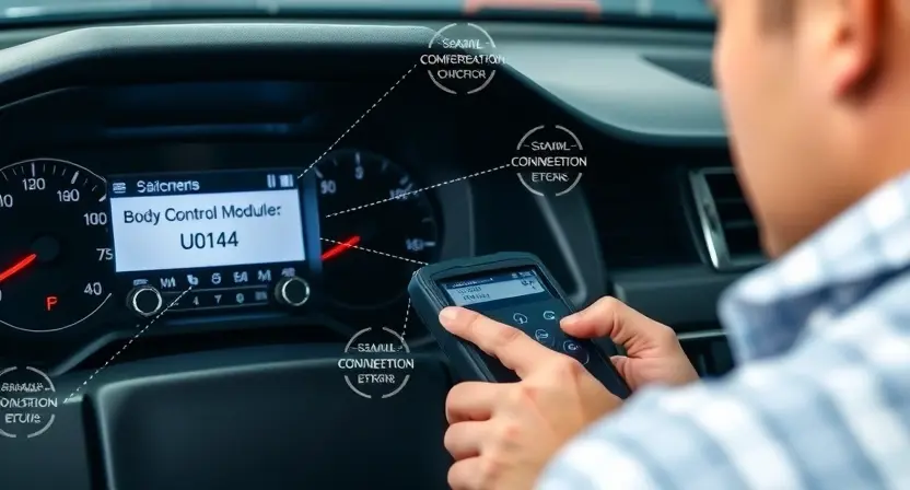 A modern automotive diagnostic scene showing a mechanic using a scan tool connected to a vehicle's OBD-II port, with a close-up view of the dashboard displaying error code U0142 on a digital screen, surrounded by subtle visual cues of communication failure like broken signal waves or disconnected lines between the body control module (BCM) and other ECUs, all in a clean, well-lit garage environment with professional tools and vehicle details visible but not distracting