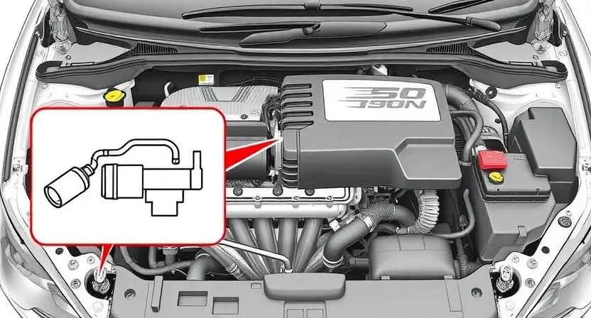 A detailed illustration of a car's engine bay, highlighting the Mass Airflow Sensor (MAP sensor). The sensor should be clearly visible, with arrows pointing to its location and connections. Include a simplified diagram showing the airflow path and how the MAP sensor measures pressure. Focus on the sensor's physical appearance and its integration within the engine system.