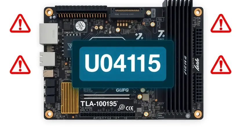 A high-quality technical illustration showing a computer motherboard with highlighted error code U0415 displayed on a diagnostic screen, surrounded by subtle warning symbols like exclamation marks and red alert icons, clean white background, professional lighting, detailed circuitry, no text or letters on the image