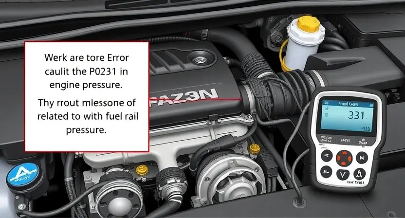 A detailed illustration of a car's engine bay with a diagnostic tool connected to the engine's computer. Focus on the area where the P0231 error code might be related to the fuel rail pressure. Include visual cues representing fuel pressure and a clear indication of the error code display on the diagnostic tool.