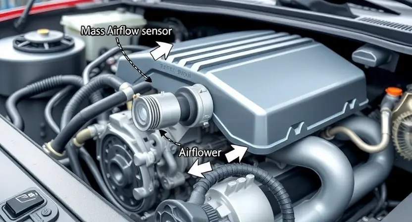 A detailed illustration of a car engine with a focus on the mass airflow sensor (MAF sensor). The sensor should be clearly visible, with arrows pointing to the airflow path. The engine should be clean and well-lit, showcasing its internal components. The background should be a slightly blurred automotive workshop environment.