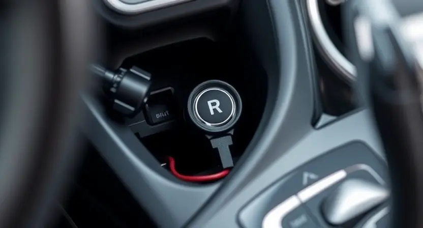 A close-up, detailed image of a car's center console, specifically focusing on the electronic parking brake button and surrounding wiring. The image should highlight the button itself, the cable connecting it to the control unit, and any visible wiring harnesses. The background should be slightly blurred to emphasize the button and wiring. Focus on the mechanical and electrical components related to the electronic parking brake system.