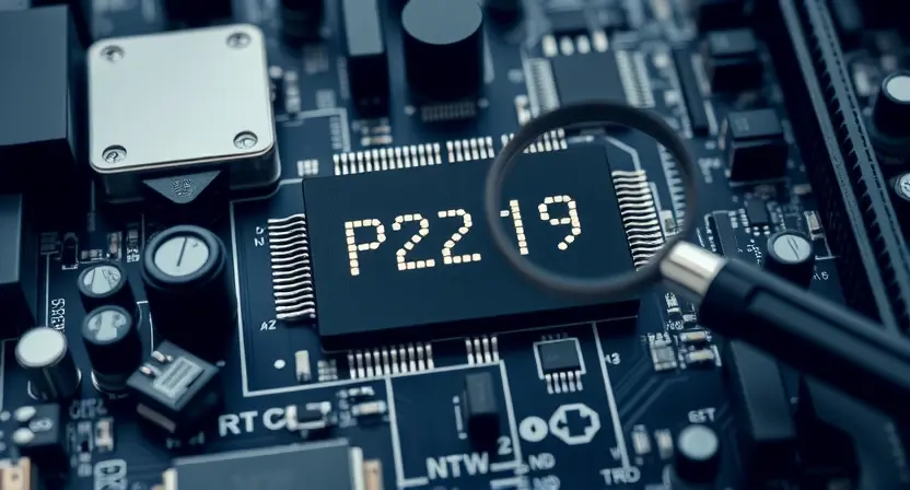 A close-up, detailed illustration of a computer motherboard with a highlighted error code P2191. Focus on the circuit board components, emphasizing the area where the error might be indicated. Include subtle visual cues suggesting diagnostics and troubleshooting, such as a magnifying glass hovering nearby or a schematic diagram faintly visible in the background. The overall aesthetic should be clean and professional, conveying technical expertise.
