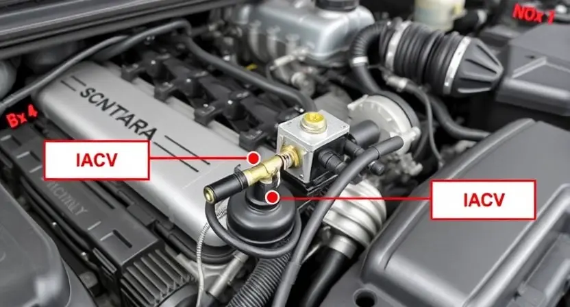 A close-up, detailed illustration of a car engine bay with a focus on the idle air control valve (IACV) and its associated wiring. The IACV should be clearly visible, with labels pointing to key components. The background should show other engine parts, but the IACV should be the central element. The overall lighting should be bright and informative, suitable for a repair manual.