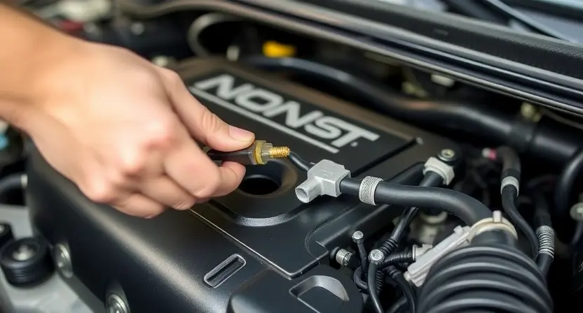 A close-up, detailed image of a car engine bay with a mechanic inspecting the coolant temperature sensor. The sensor should be clearly visible, along with wiring and hoses. Focus on the sensor and its connection points. The engine should appear clean and well-maintained.