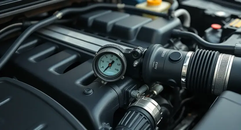 A close-up shot of a car engine bay, focusing on the oil pressure sensor and surrounding components. The engine should be clean and well-maintained. The lighting should be bright and even, highlighting the details of the engine parts.