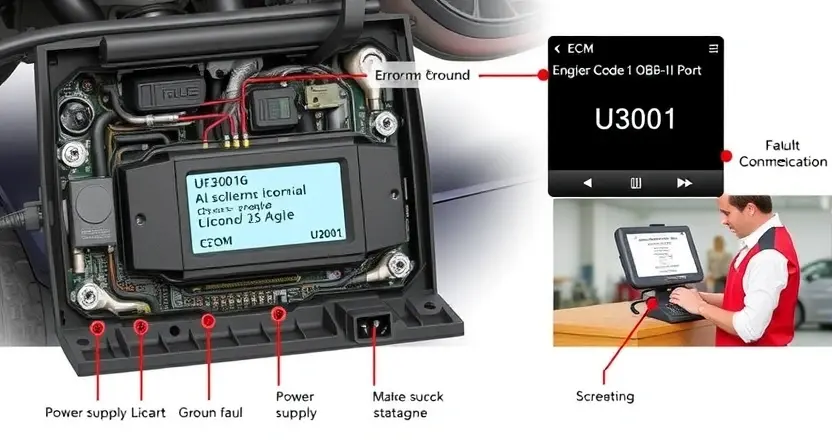 A detailed technical illustration of a car's engine control module (ECM) with visible internal circuitry, diagnostic tools connected via OBD-II port, error code U3001 displayed on a scanner screen, and a mechanic analyzing the fault in a workshop setting, with clear labels for power supply, ground connections, and communication lines