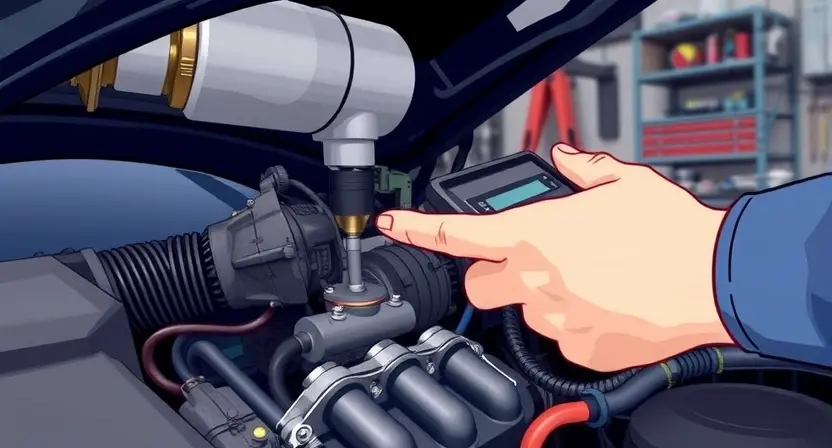 A detailed illustration of a car engine with a highlighted oxygen sensor, showing its location and connection to the exhaust system. The image should depict a mechanic using a diagnostic tool to check the sensor's activity, with a focus on the sensor's placement and the surrounding components. The scene should be set in a well-lit garage with various automotive tools and equipment in the background.