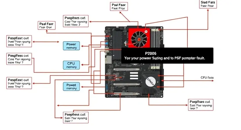 A detailed schematic diagram illustrating a P2806 error code. The diagram should show a computer motherboard with highlighted components related to the error, such as the power supply, CPU, and memory. Include visual cues indicating a potential fault or malfunction.