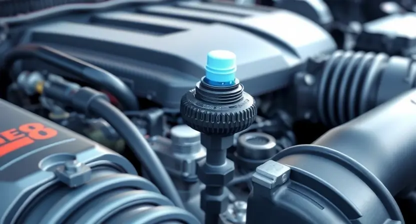 A close-up, detailed illustration of an engine bay with a focus on the oxygen sensor. The sensor should be clearly visible, with surrounding engine components subtly blurred in the background. The overall lighting should be bright and clean, highlighting the sensor's details. The image should convey a sense of technical precision and diagnostic focus.