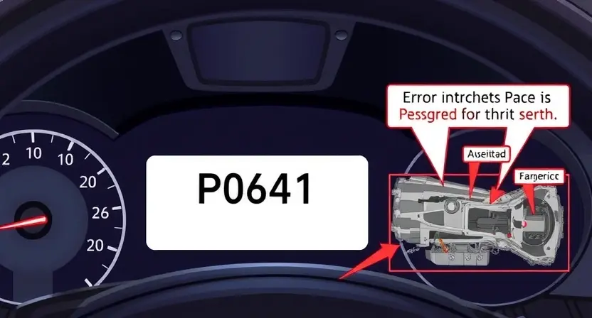A detailed illustration of a car's dashboard with a diagnostic trouble code (DTC) display showing "P0641". The dashboard should be brightly lit, showcasing the error message clearly. Include visual cues representing the potential causes of the error, such as a diagram of the vehicle's transmission system with highlighted components.
