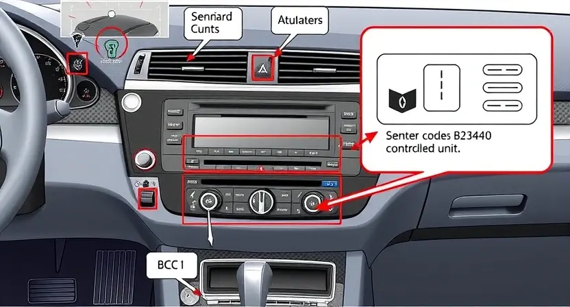 A detailed illustration of an automotive climate control (ACC) system with a visual representation of error code B2340. Include diagrams of the system components (sensors, actuators, control unit) and a highlighted area indicating the error code. The background should be a clean, technical environment.
