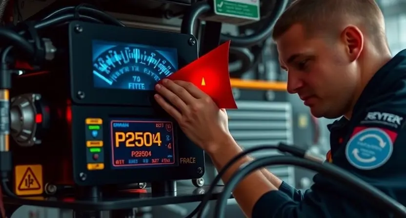 A high-voltage battery charging system with glowing warning signs, digital dashboard displaying error code P2504, and a mechanic inspecting the charging circuit