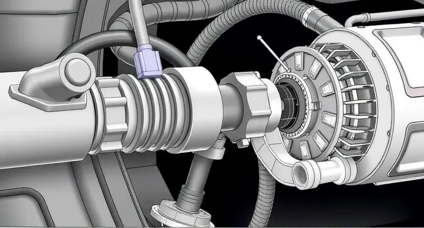 A detailed illustration of a transmission sensor, highlighting its components and connections. The image should depict the sensor's physical form, wiring, and its integration within a vehicle's drivetrain. Focus on clarity and technical accuracy.