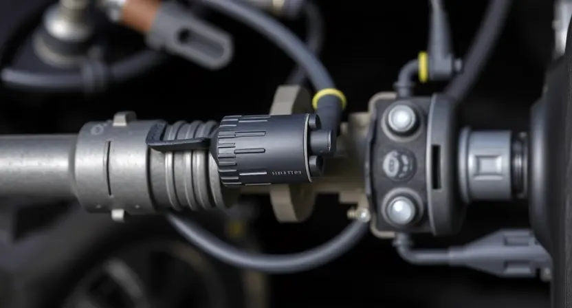 A close-up, detailed image of a car's steering system, specifically highlighting the torque sensor and its wiring. The sensor should be clearly visible, along with the surrounding components like steering rack and linkages. Focus on the physical connections and potential points of failure. The background should be blurred to emphasize the sensor. The lighting should be bright and even to show details.