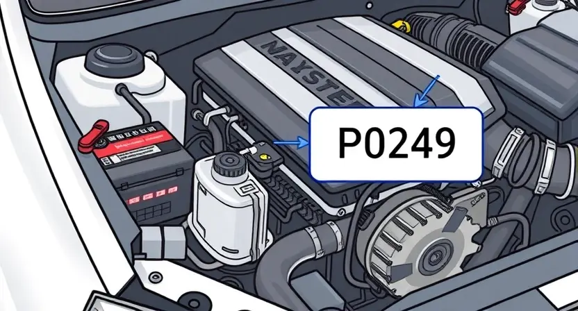A detailed illustration of a car's engine bay with a diagnostic code reader displaying 'P0249'. The engine should be partially visible, showcasing various components like the alternator, battery, and intake manifold. Focus on clarity and technical accuracy.