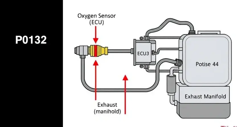 A detailed diagram illustrating the P0132 error code in a car's engine system. The diagram should highlight the oxygen sensor, the engine control unit (ECU), and the exhaust manifold. Arrows should indicate the flow of data and potential points of failure. Focus on a clean, technical representation of the components and their connections. The background should be a neutral color, emphasizing the diagram's clarity.