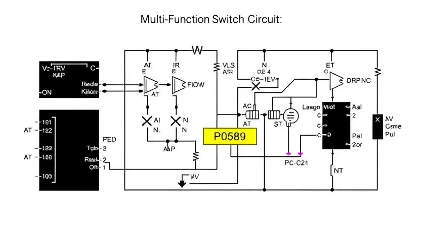 A detailed schematic diagram of a multi-function switch circuit, highlighting the faulty component causing the P0589 error. The diagram should clearly show the connections, components (resistors, capacitors, integrated circuits), and potential points of failure. Focus on visual clarity and accuracy.