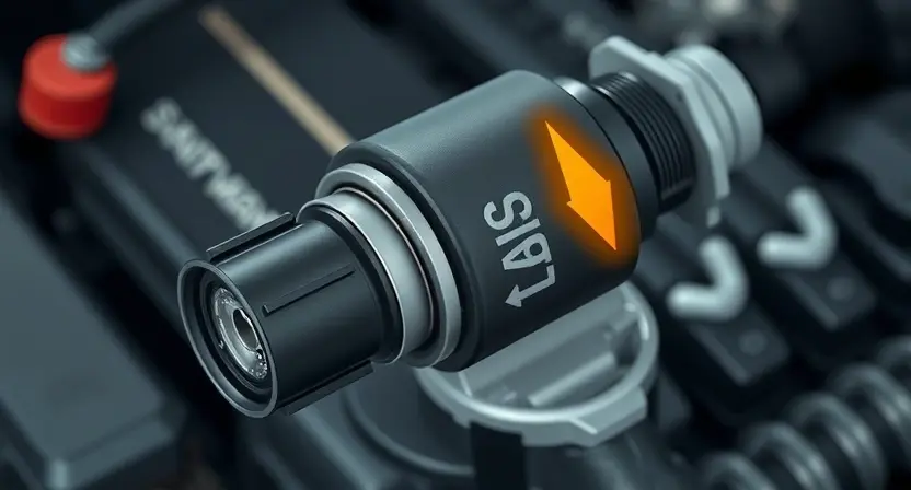A close-up, detailed illustration of an automotive sensor, specifically an ABS sensor, with highlighted areas indicating high voltage. The sensor should be depicted with realistic textures and components. The background should be a blurred automotive engine bay.