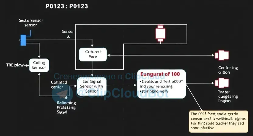 A detailed schematic diagram of an automotive engine sensor circuit, highlighting the P0123 error code and its associated components. Include visual representations of the sensor, signal processing, and potential causes of the error. The diagram should be clean, well-labeled, and visually informative.