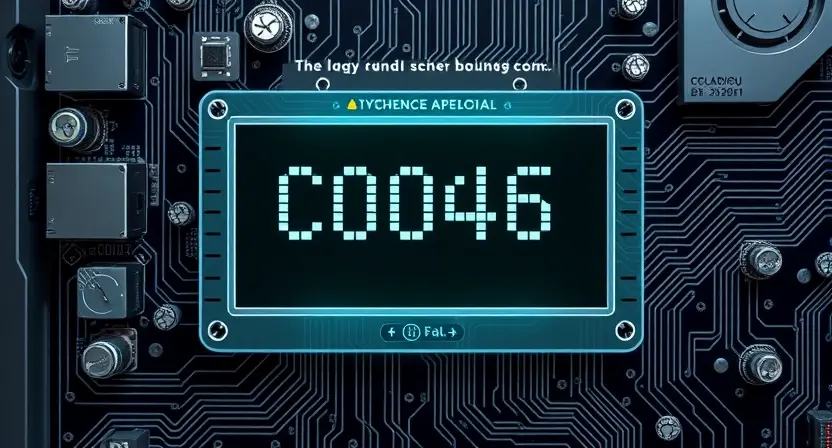 A high-quality technical illustration showing a computer motherboard with a highlighted error code C0046 displayed on a diagnostic screen, surrounded by circuit traces and electronic components, clean and professional visual style