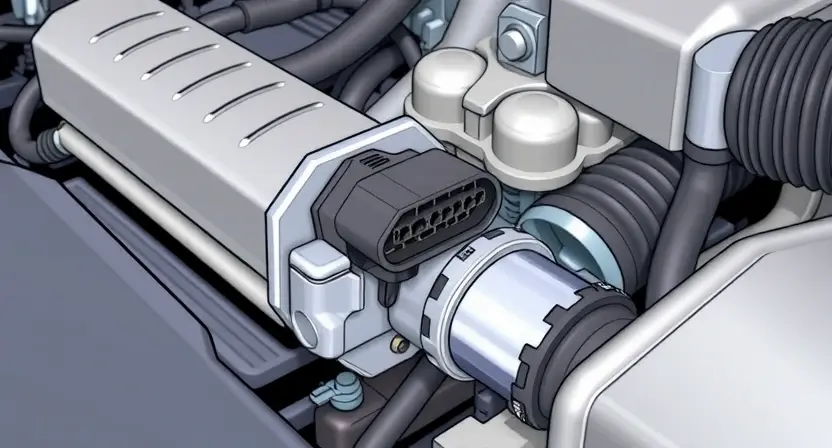 A close-up, detailed illustration of a car's engine bay, focusing on the Mass Airflow Sensor (MAP sensor). The sensor should be clearly visible, along with nearby engine components like intake manifold and hoses. Use bright, clean colors to highlight the sensor. The overall image should convey a sense of technical precision and automotive diagnostics.