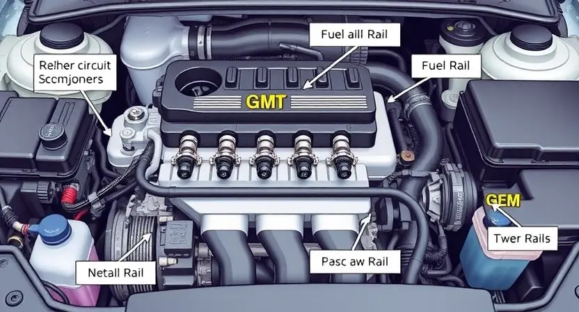 A detailed illustration of an automotive engine bay, focusing on the secondary circuit components. Include visual representations of the fuel rail, injectors, and related wiring. The image should depict a clean, well-lit engine bay with clear labeling of parts.