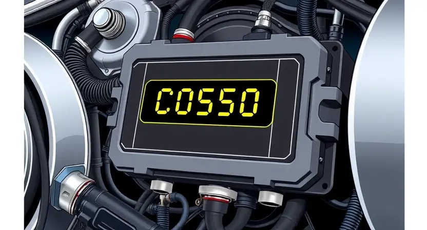 A close-up, detailed illustration of an electronic control unit (ECU) with a highlighted error code display showing "C0550". The ECU should be surrounded by various automotive components like brake lines, sensors, and wiring harnesses, subtly suggesting a vehicle's braking system. Focus on the technical details of the ECU and its connections.