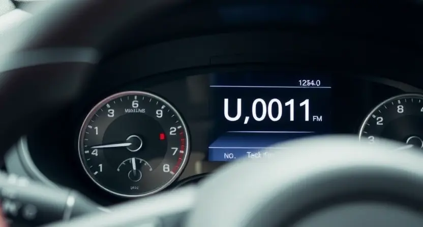 A close-up, detailed image of a car's dashboard displaying a diagnostic screen with the error code "U0001" prominently shown. The background should be slightly blurred to focus on the dashboard. The car interior should be clean and modern.