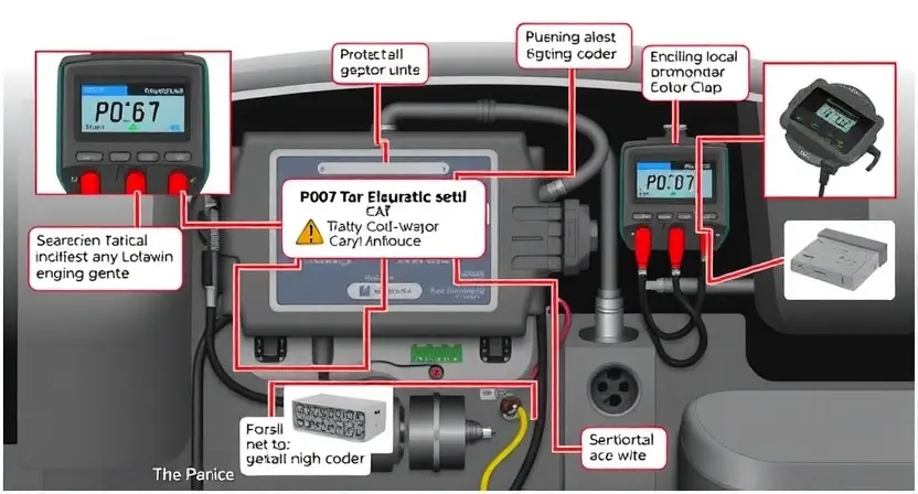 A detailed illustration of a car's engine control unit (ECU) with various diagnostic tools connected, highlighting the P0607 error code. Include visual representations of the relevant sensors and wiring.