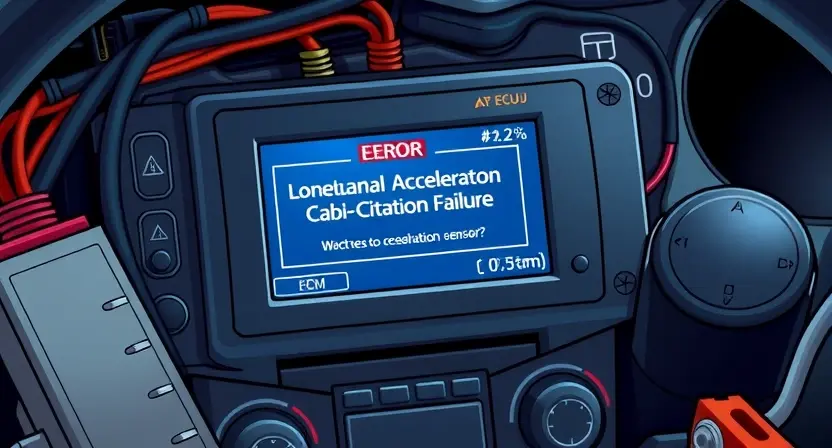 A detailed illustration of an automotive electronic control unit (ECU) displaying a diagnostic error message related to the longitudinal acceleration sensor calibration failure. The ECU should be surrounded by various automotive components like sensors, wiring harnesses, and a dashboard. Focus on the error message and the surrounding technical details.