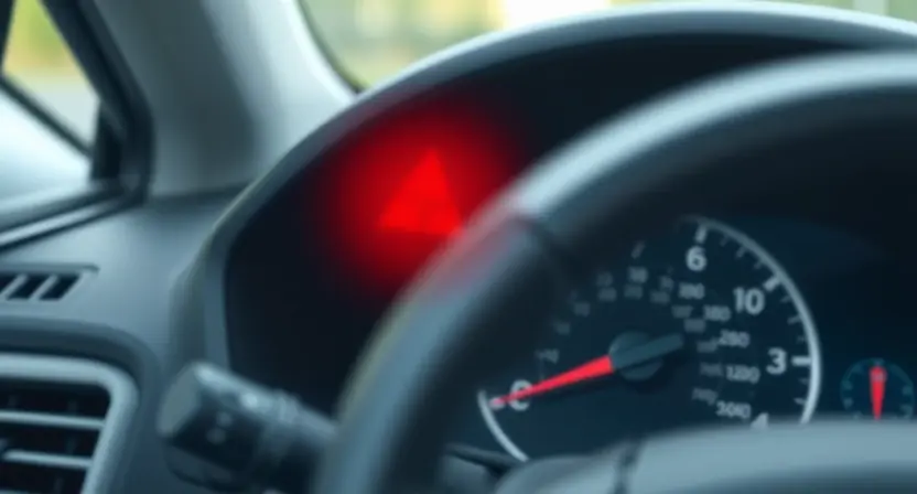 A close-up, detailed illustration of a car's dashboard with a prominent warning light illuminated. The dashboard should be clean and modern, focusing on the instrument cluster and the warning light. The background should be blurred to emphasize the dashboard.