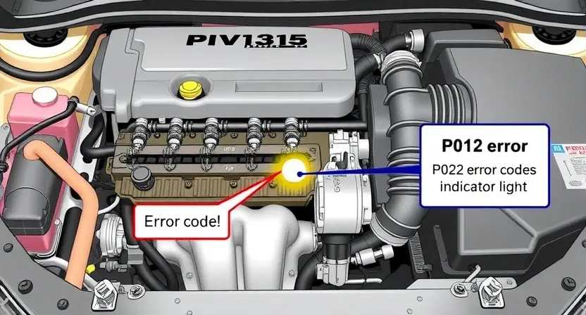 A detailed illustration of an automotive engine bay with a focus on the P0212 error code indicator light. The engine should be partially disassembled to reveal relevant components like the fuel rail, injectors, and vacuum lines. The error code light should be clearly visible and illuminated. The overall style should be realistic and informative, suitable for a technical manual.