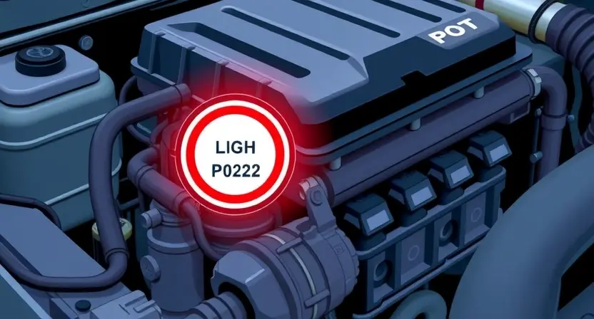 A detailed illustration of a car engine with a diagnostic light illuminated, highlighting the P0222 error code. The engine should be realistically rendered, showing various components like the intake manifold, fuel injectors, and sensors. The diagnostic light should be clearly visible and glowing red.
