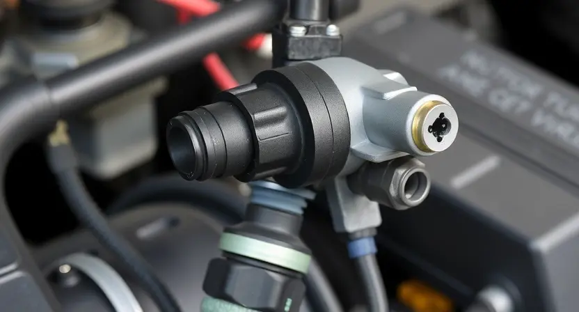 A close-up, detailed image of an ABS (Anti-lock Braking System) solenoid valve. The focus should be on the solenoid valve itself, showing its electrical connections and wiring. The background should be blurred, suggesting a car's interior or engine bay. The image should clearly depict the components related to the solenoid valve and its wiring, emphasizing the condition of the connections.