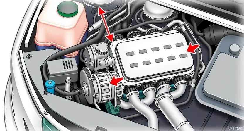 A detailed diagram illustrating a car's engine with a focus on the oxygen sensor and related components. Arrows should point to the sensor, highlighting its location and connection to the engine control unit (ECU). The diagram should clearly show the flow of exhaust gases and the sensor's role in monitoring them. Use a clean, technical illustration style with realistic shading and color coding to differentiate parts.