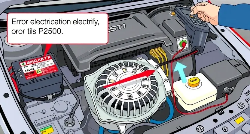 A detailed illustration of a car's electrical system with a highlighted error code P2500, showing the components involved such as the battery, alternator, and wiring. The image should depict a professional mechanic using a diagnostic tool to identify the issue, with a focus on the electrical connections and potential points of failure.