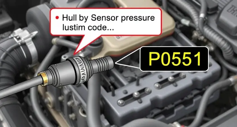 A detailed illustration of a car's power steering system with a highlighted pressure sensor and a visual representation of the P0551 error code. The sensor should be clearly visible, and the error code should be displayed near it, perhaps on a dashboard-like interface. The background should be a slightly blurred image of a car engine bay.