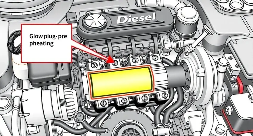 A high-quality technical illustration showing a diesel engine of a Peugeot or Citroën vehicle with a highlighted glow plug preheating system, labeled components, clean schematic style, professional automotive repair context, no text or numbers on image