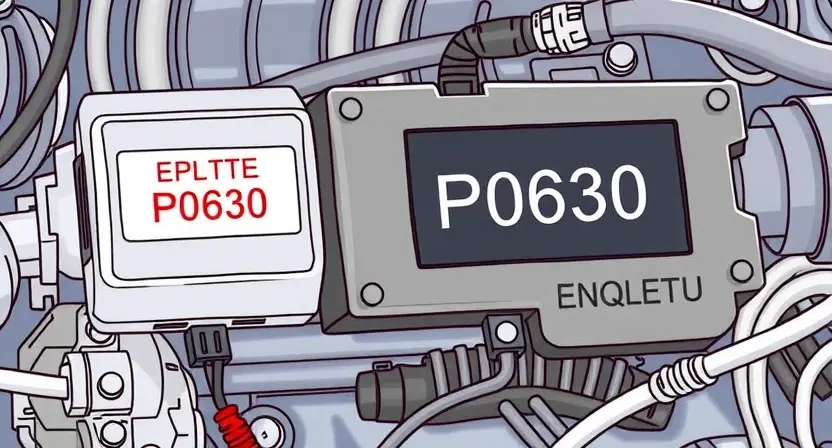 A detailed illustration of an engine control unit (ECU) with a diagnostic interface connected. The ECU should display error codes, specifically highlighting P0630. Wires and sensors connected to the ECU should be visible. The background should be a clean, technical environment.